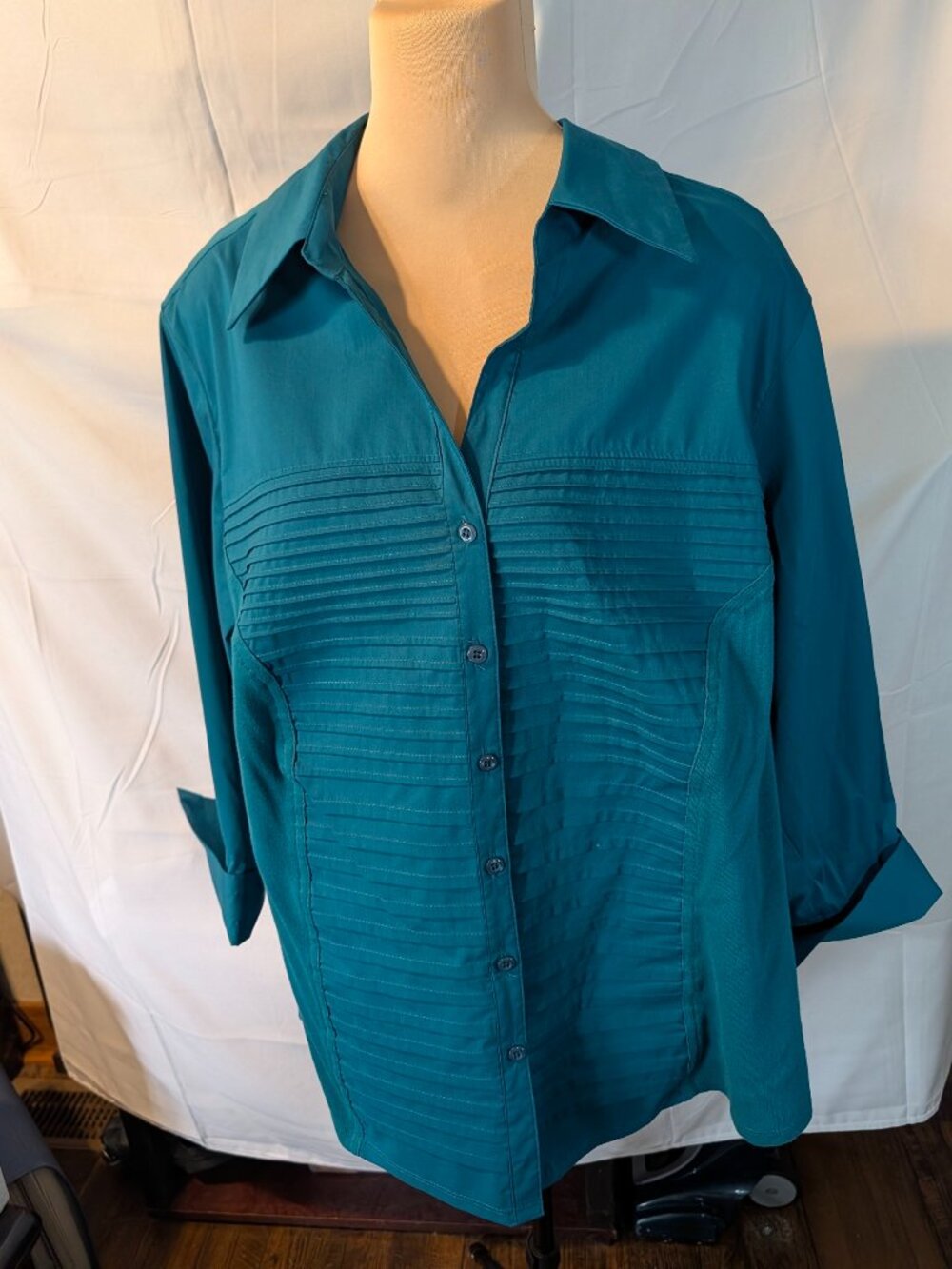 Investments II Blouse Button Up Womens 2X Teal Blue 3/4 Sleeve Cuffs